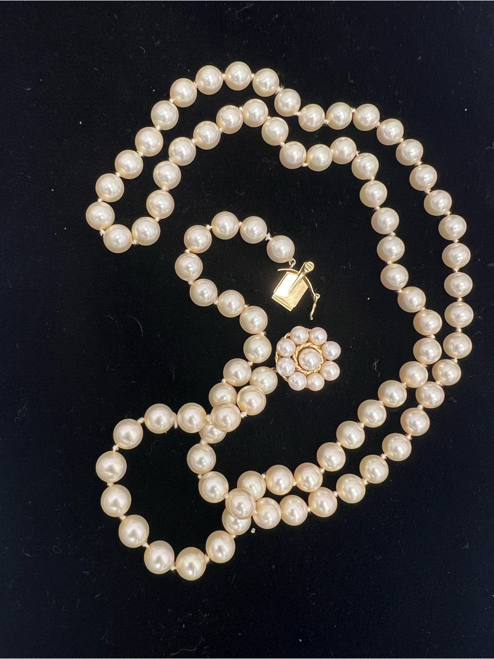 Classic 30” Cream Pearl Strand Necklace with a large 14K Gold Flower Clasp